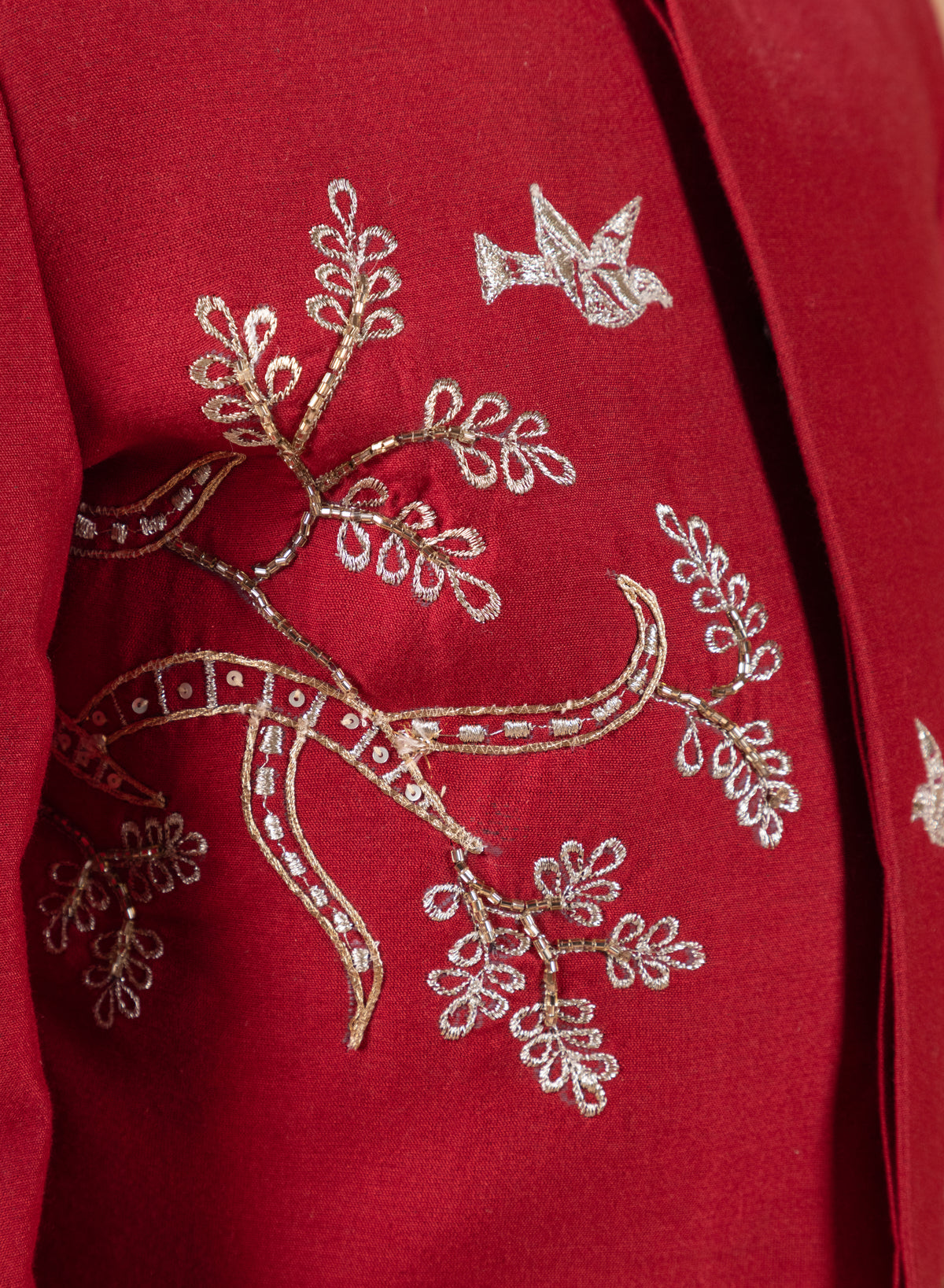 MARUN FRONT OPEN SHERWANI WITH HAND AND THREAD EMBROIDERYANIMALS/BIRD AND TREE BRANCHES WITH PAJAMA SET