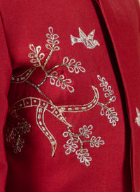MARUN FRONT OPEN SHERWANI WITH HAND AND THREAD EMBROIDERYANIMALS/BIRD AND TREE BRANCHES WITH PAJAMA SET