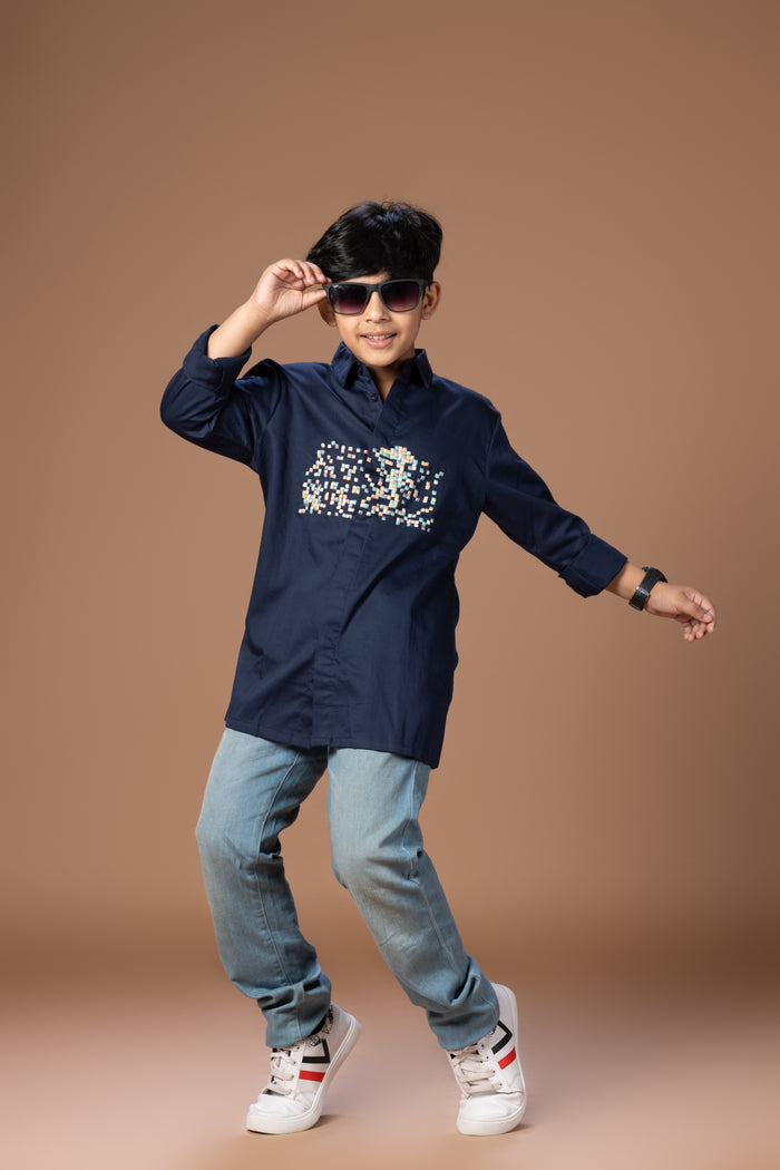 MULTICOLOUR SMALL BOXES EMBRODERED ON FRONT CHEST STYLISH FULL SHIRT