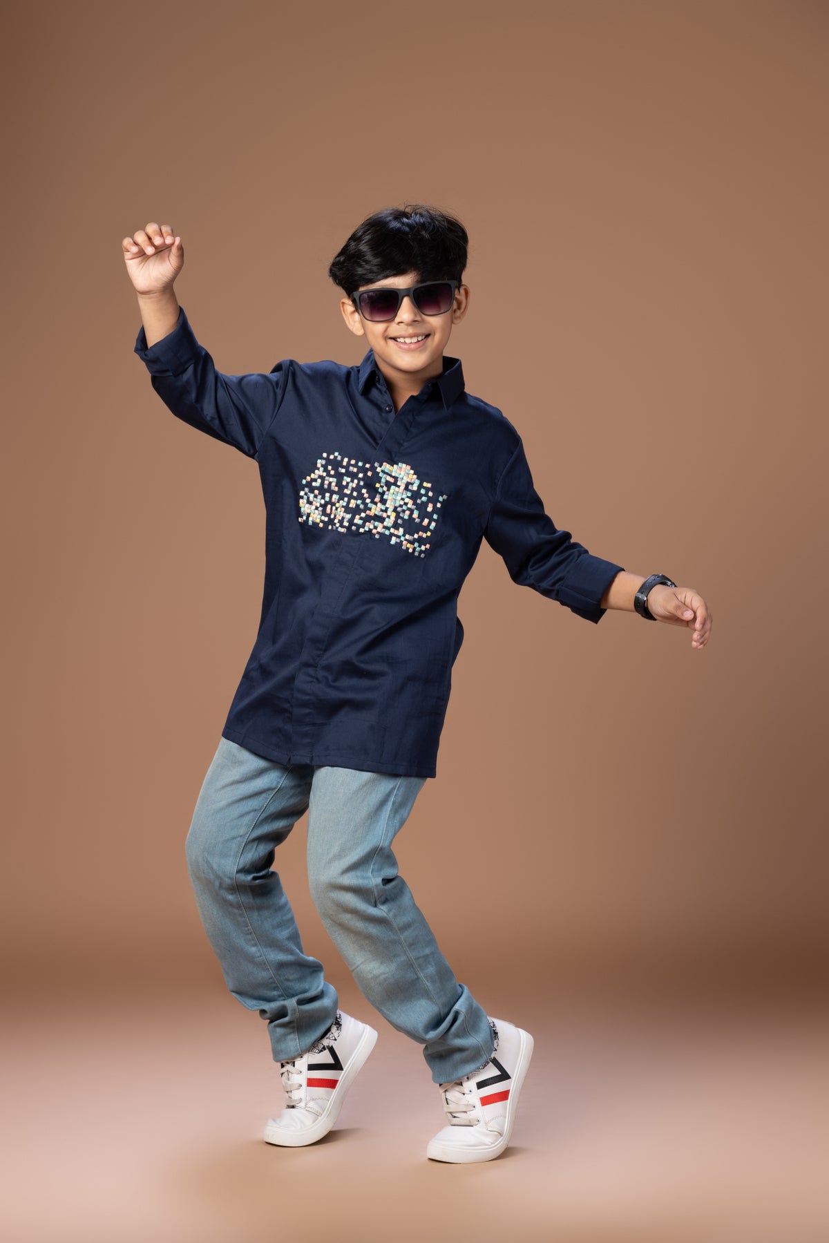 MULTICOLOUR SMALL BOXES EMBRODERED ON FRONT CHEST STYLISH FULL SHIRT