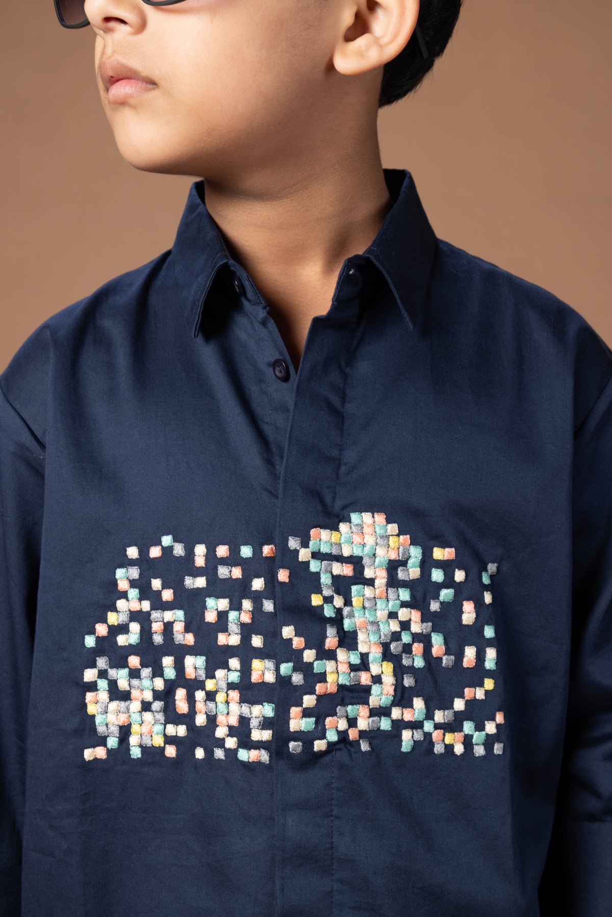 MULTICOLOUR SMALL BOXES EMBRODERED ON FRONT CHEST STYLISH FULL SHIRT