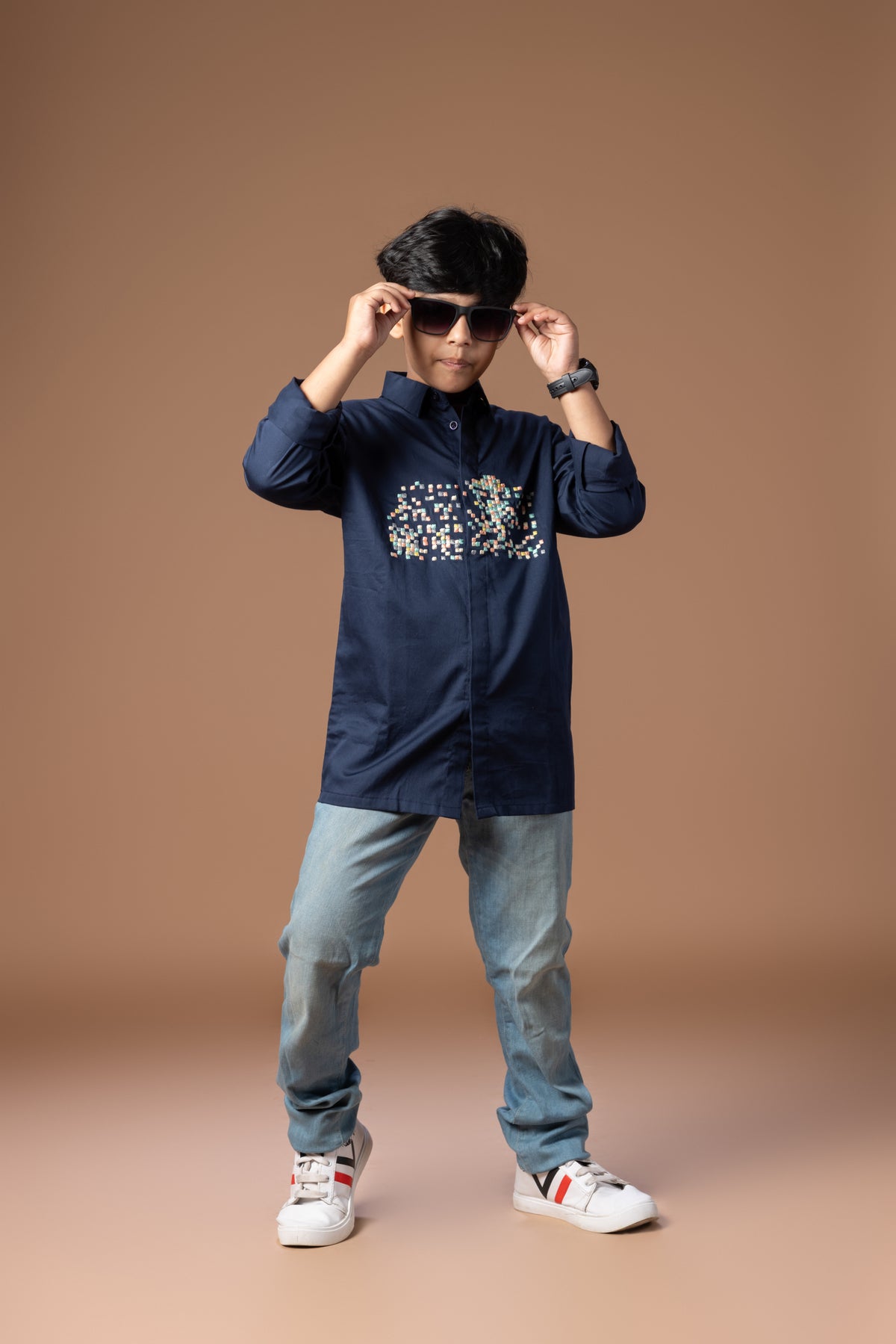 MULTICOLOUR SMALL BOXES EMBRODERED ON FRONT CHEST STYLISH FULL SHIRT