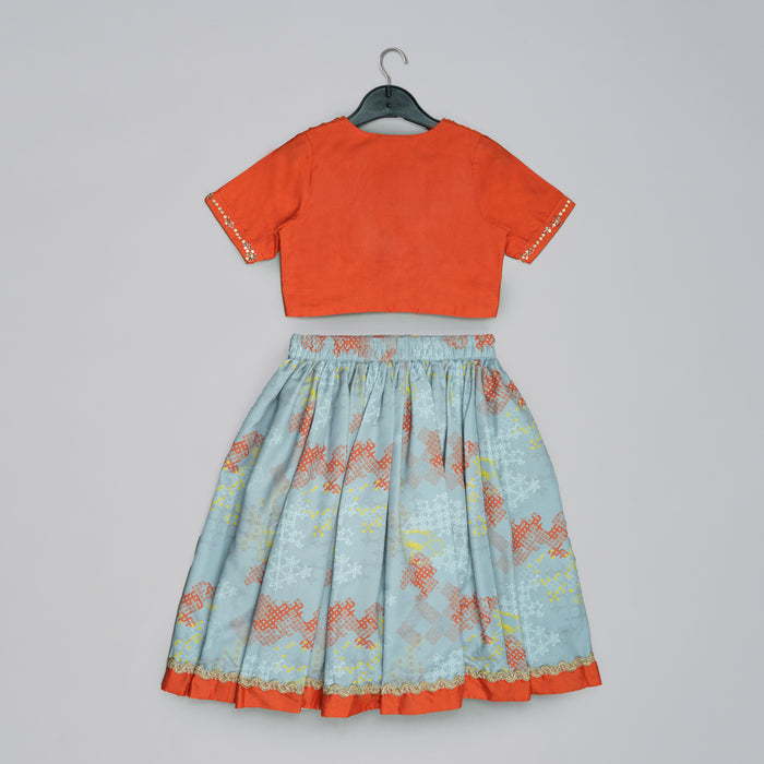 ORANGE HAND EMBROIDERED BLOUSE WITH GREY GEOMETRICAL PRINTED GHAGARA SET