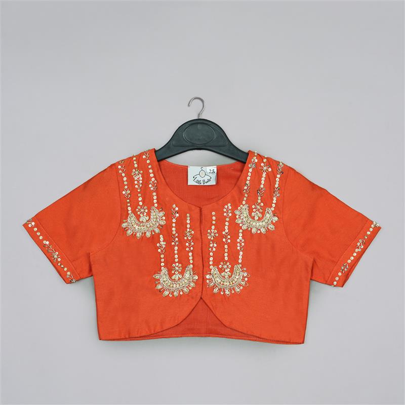 ORANGE HAND EMBROIDERED BLOUSE WITH GREY GEOMETRICAL PRINTED GHAGARA SET