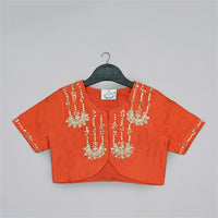 ORANGE HAND EMBROIDERED BLOUSE WITH GREY GEOMETRICAL PRINTED GHAGARA SET