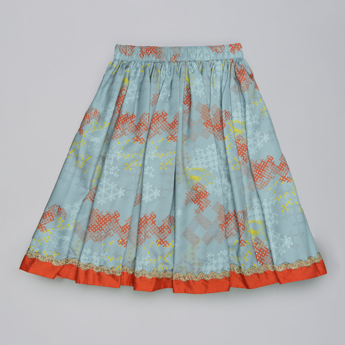 ORANGE HAND EMBROIDERED BLOUSE WITH GREY GEOMETRICAL PRINTED GHAGARA SET