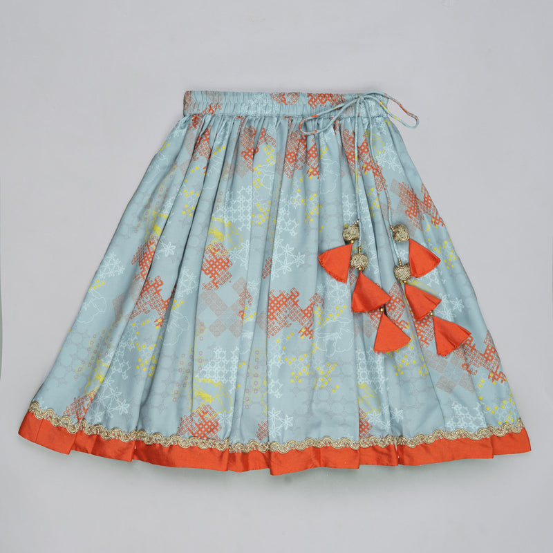 ORANGE HAND EMBROIDERED BLOUSE WITH GREY GEOMETRICAL PRINTED GHAGARA SET