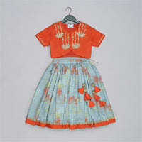 ORANGE HAND EMBROIDERED BLOUSE WITH GREY GEOMETRICAL PRINTED GHAGARA SET