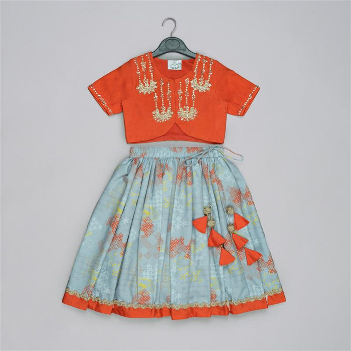 ORANGE HAND EMBROIDERED BLOUSE WITH GREY GEOMETRICAL PRINTED GHAGARA SET