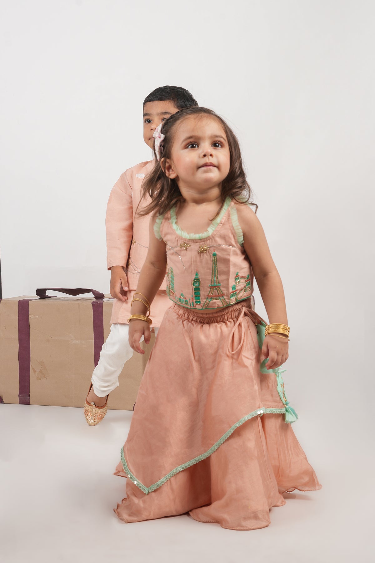 ONION PINK TRAVEL THEME HAND EMBROIDERED BLOUSE WITH DOUBLE LAYER GHAGARA SET