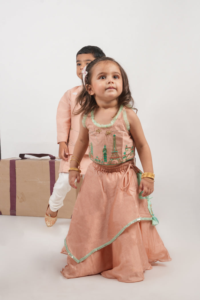 ONION PINK TRAVEL THEME HAND EMBROIDERED BLOUSE WITH DOUBLE LAYER GHAGARA SET