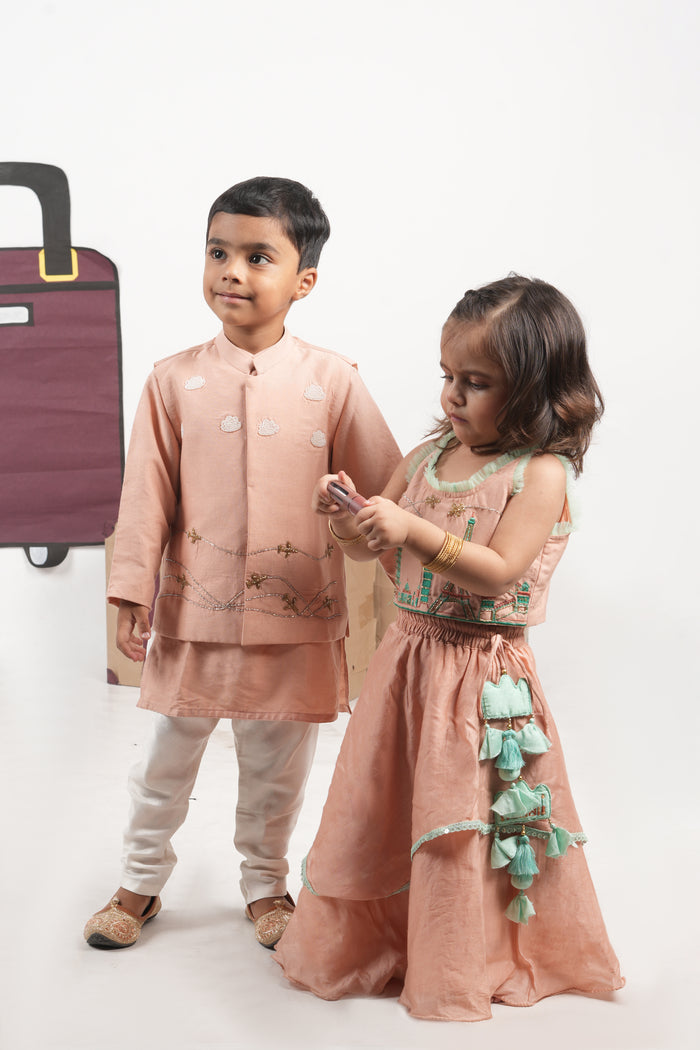 ONION PINK TRAVEL THEME HAND EMBROIDERED BLOUSE WITH DOUBLE LAYER GHAGARA SET