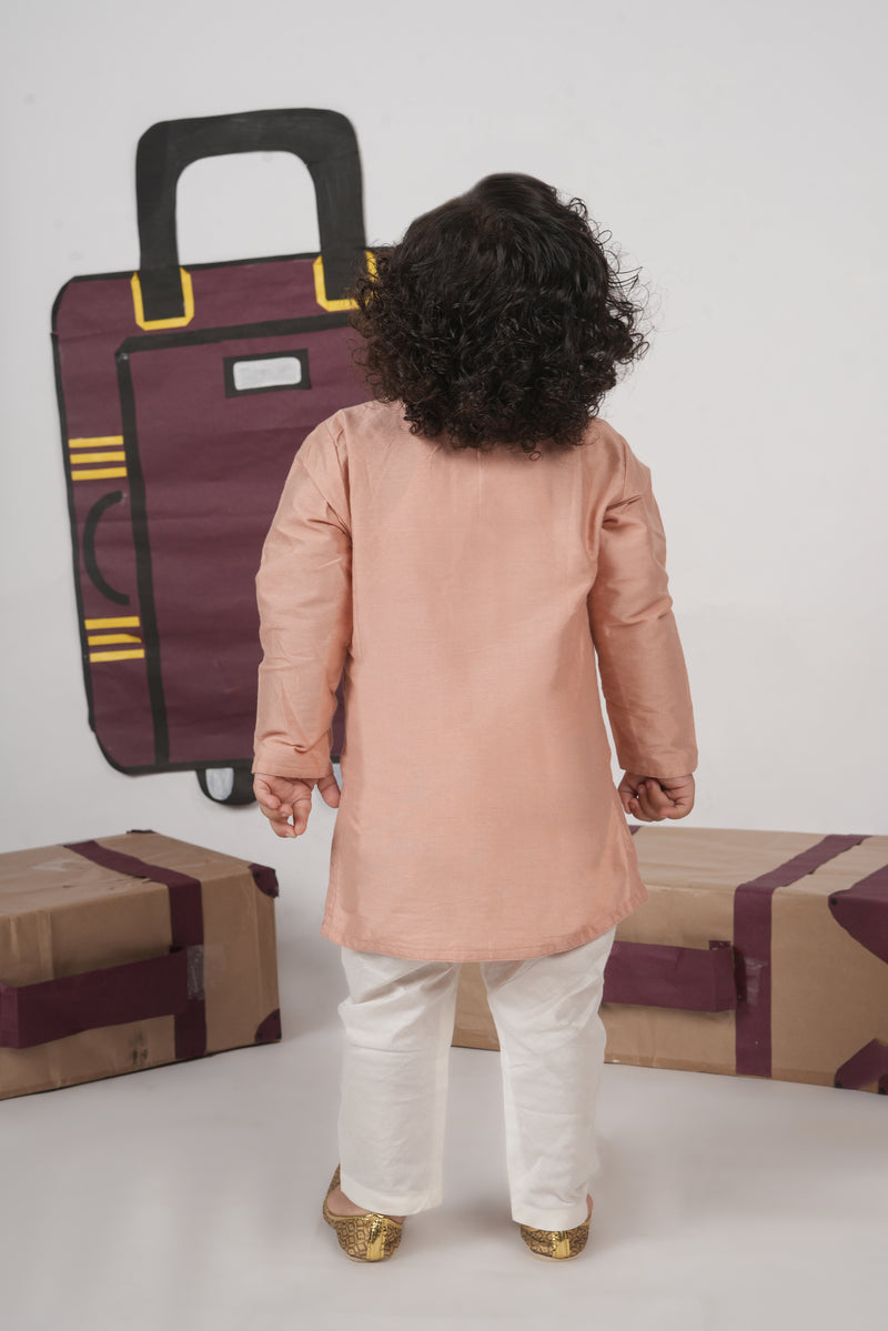 ONION PINK AEROPLANS/CLOUDS HAND EMBROIDERY KURTA WITH PAJAMA SET