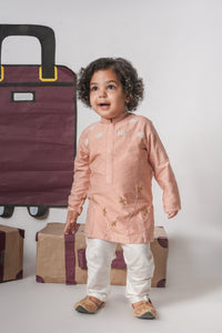 ONION PINK AEROPLANS/CLOUDS HAND EMBROIDERY KURTA WITH PAJAMA SET