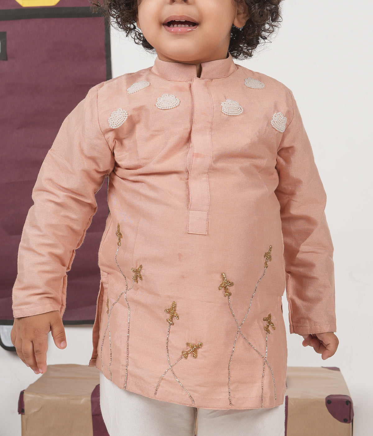 ONION PINK AEROPLANS/CLOUDS HAND EMBROIDERY KURTA WITH PAJAMA SET