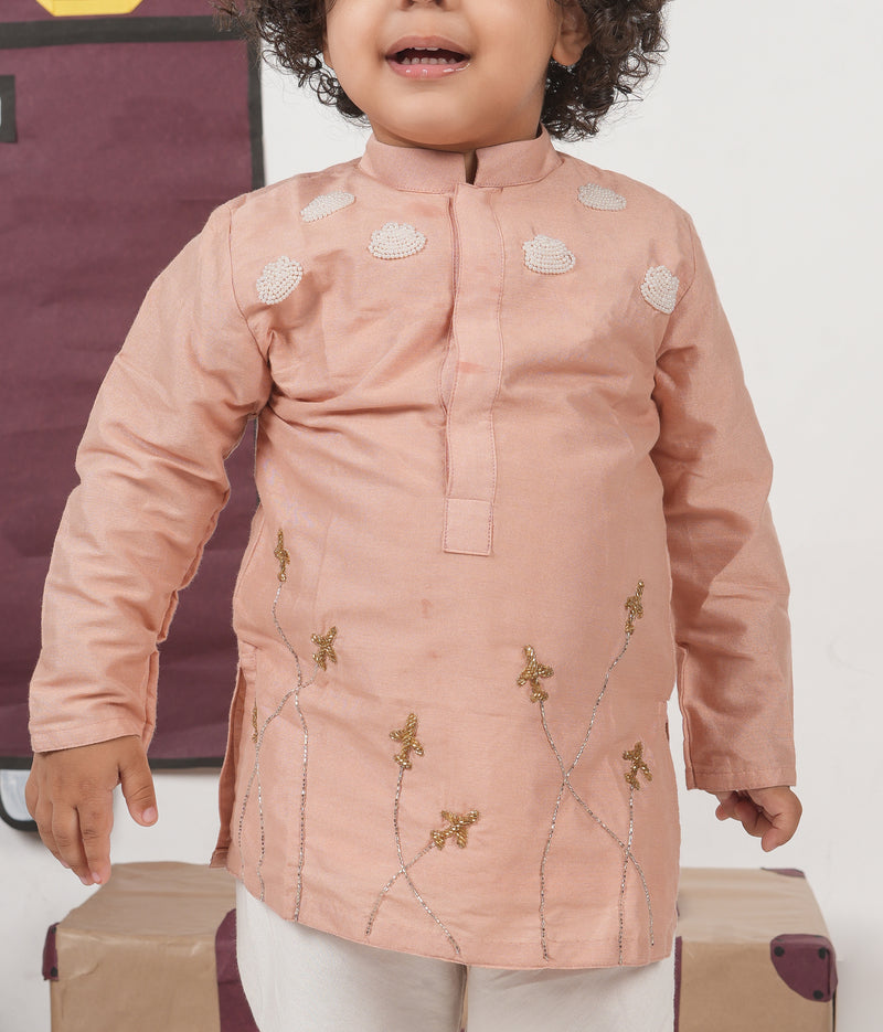 ONION PINK AEROPLANS/CLOUDS HAND EMBROIDERY KURTA WITH PAJAMA SET