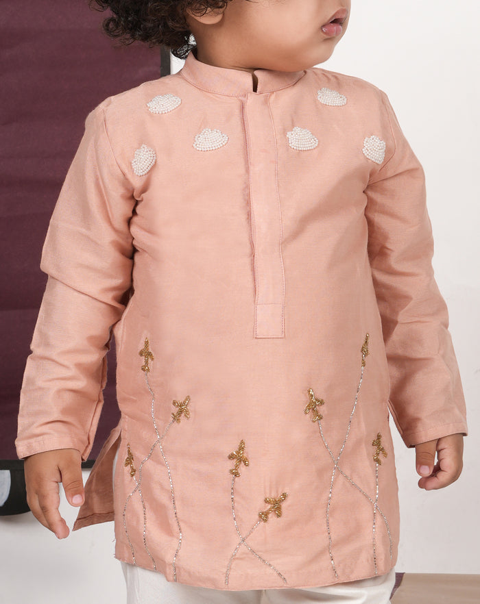 ONION PINK AEROPLANS/CLOUDS HAND EMBROIDERY KURTA WITH PAJAMA SET
