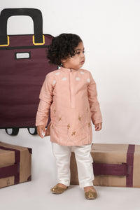 ONION PINK AEROPLANS/CLOUDS HAND EMBROIDERY KURTA WITH PAJAMA SET