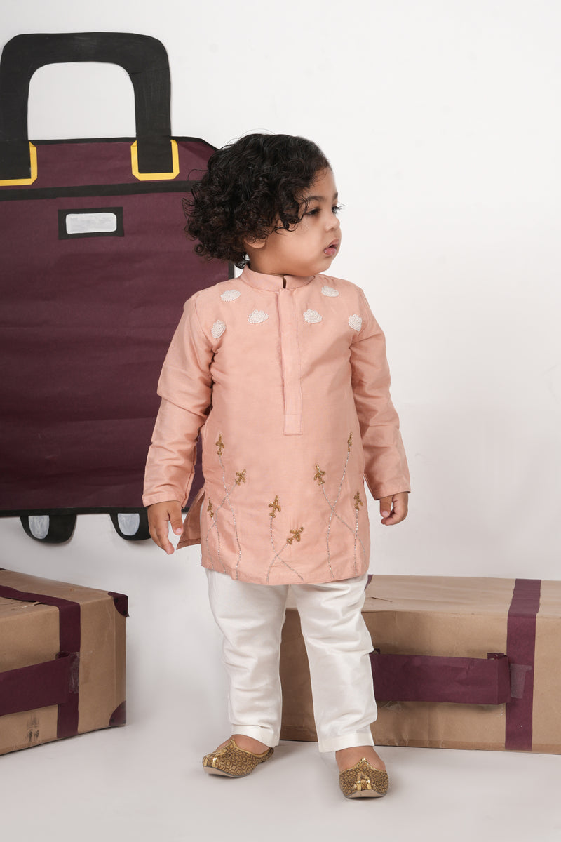 ONION PINK AEROPLANS/CLOUDS HAND EMBROIDERY KURTA WITH PAJAMA SET