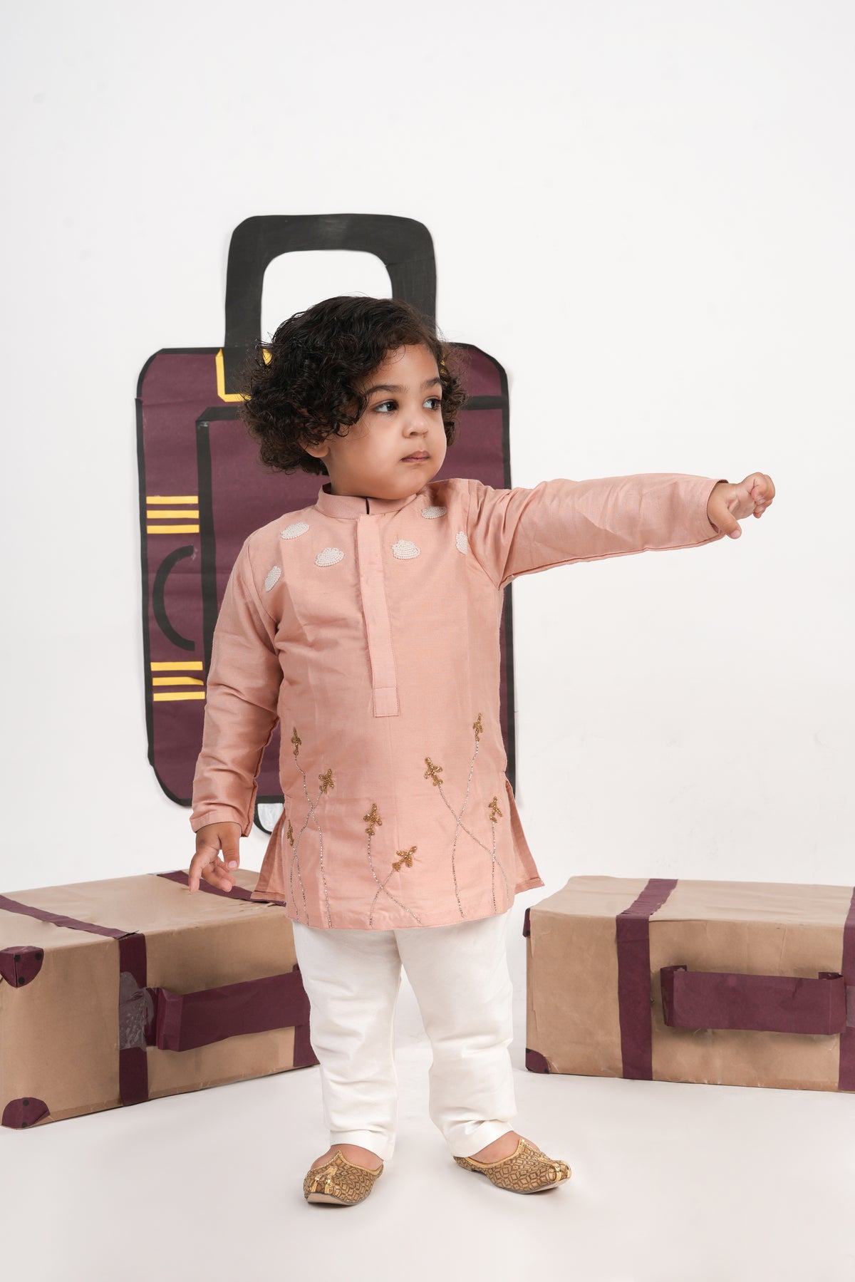 ONION PINK AEROPLANS/CLOUDS HAND EMBROIDERY KURTA WITH PAJAMA SET