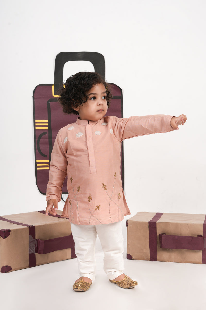 ONION PINK AEROPLANS/CLOUDS HAND EMBROIDERY KURTA WITH PAJAMA SET
