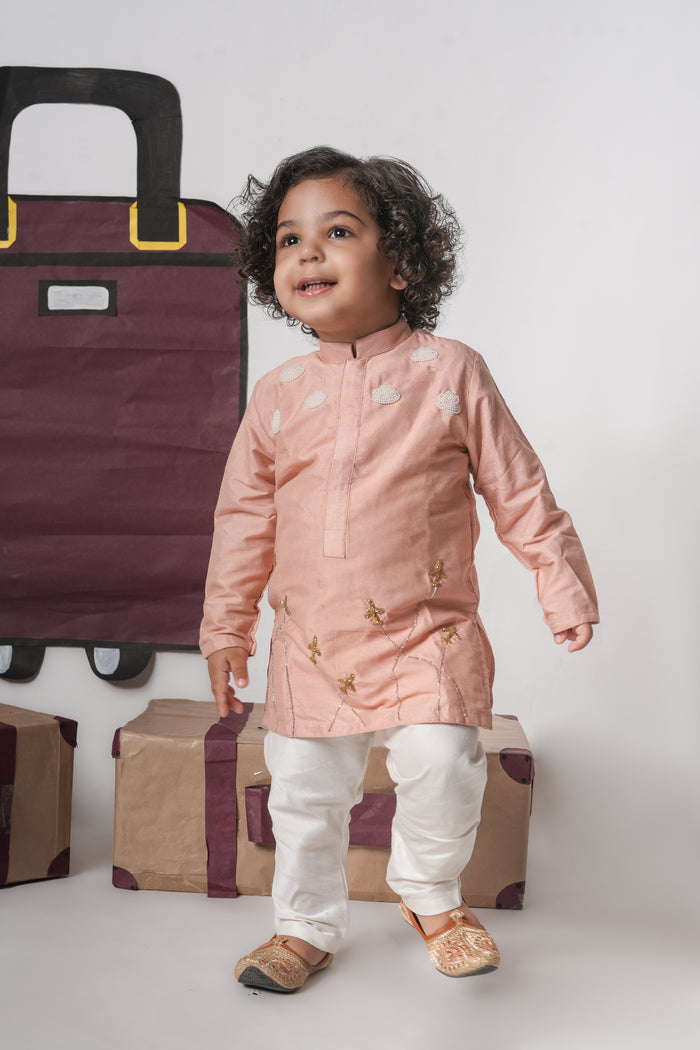 ONION PINK AEROPLANS/CLOUDS HAND EMBROIDERY KURTA WITH PAJAMA SET
