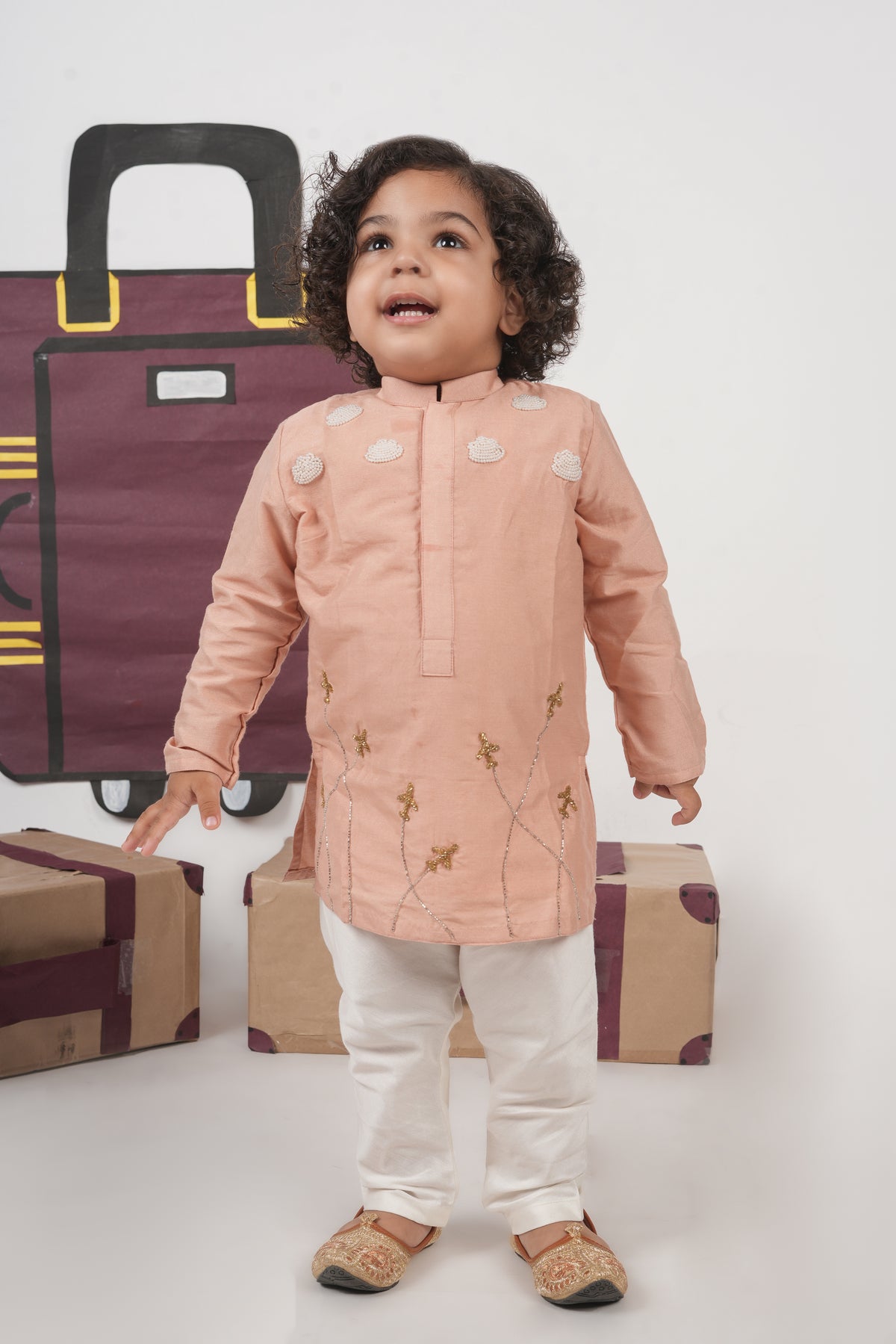 ONION PINK AEROPLANS/CLOUDS HAND EMBROIDERY KURTA WITH PAJAMA SET