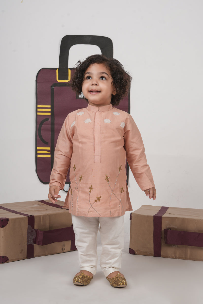 ONION PINK AEROPLANS/CLOUDS HAND EMBROIDERY KURTA WITH PAJAMA SET