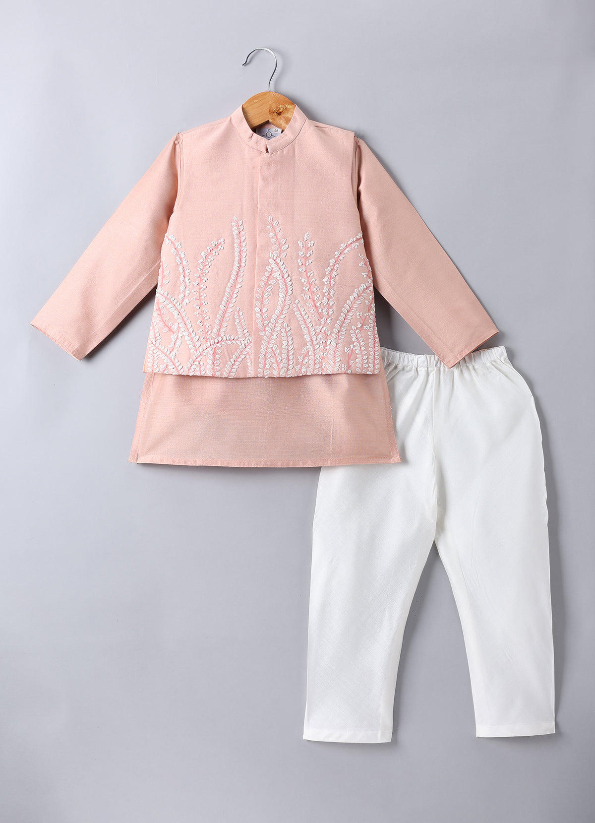 PEACH KURTA WITH LEAFS HAND PAINTED EMBROIDERY BUNDI JACKET WITH PAJAMA SET