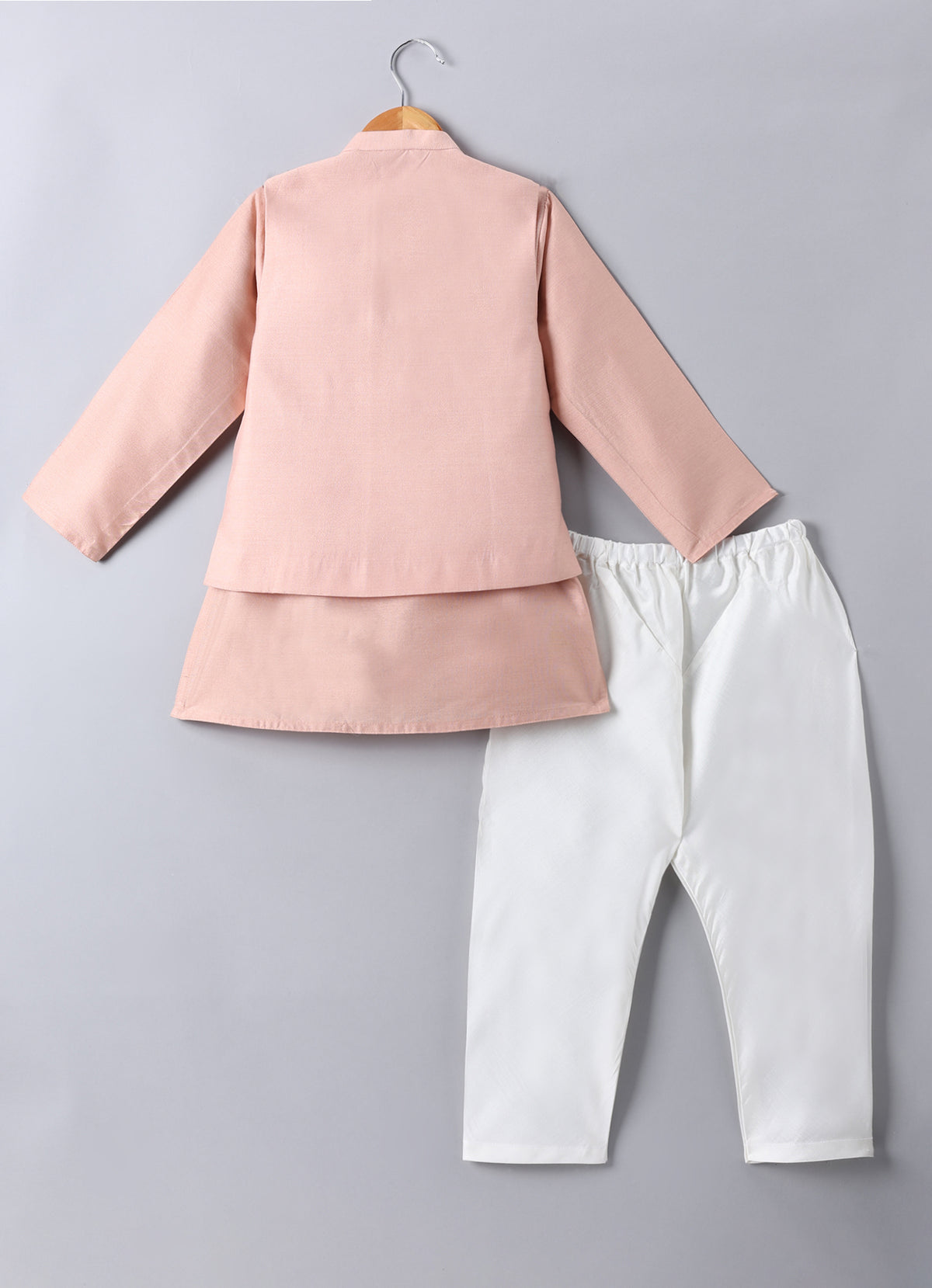 PEACH KURTA WITH LEAFS HAND PAINTED EMBROIDERY BUNDI JACKET WITH PAJAMA SET