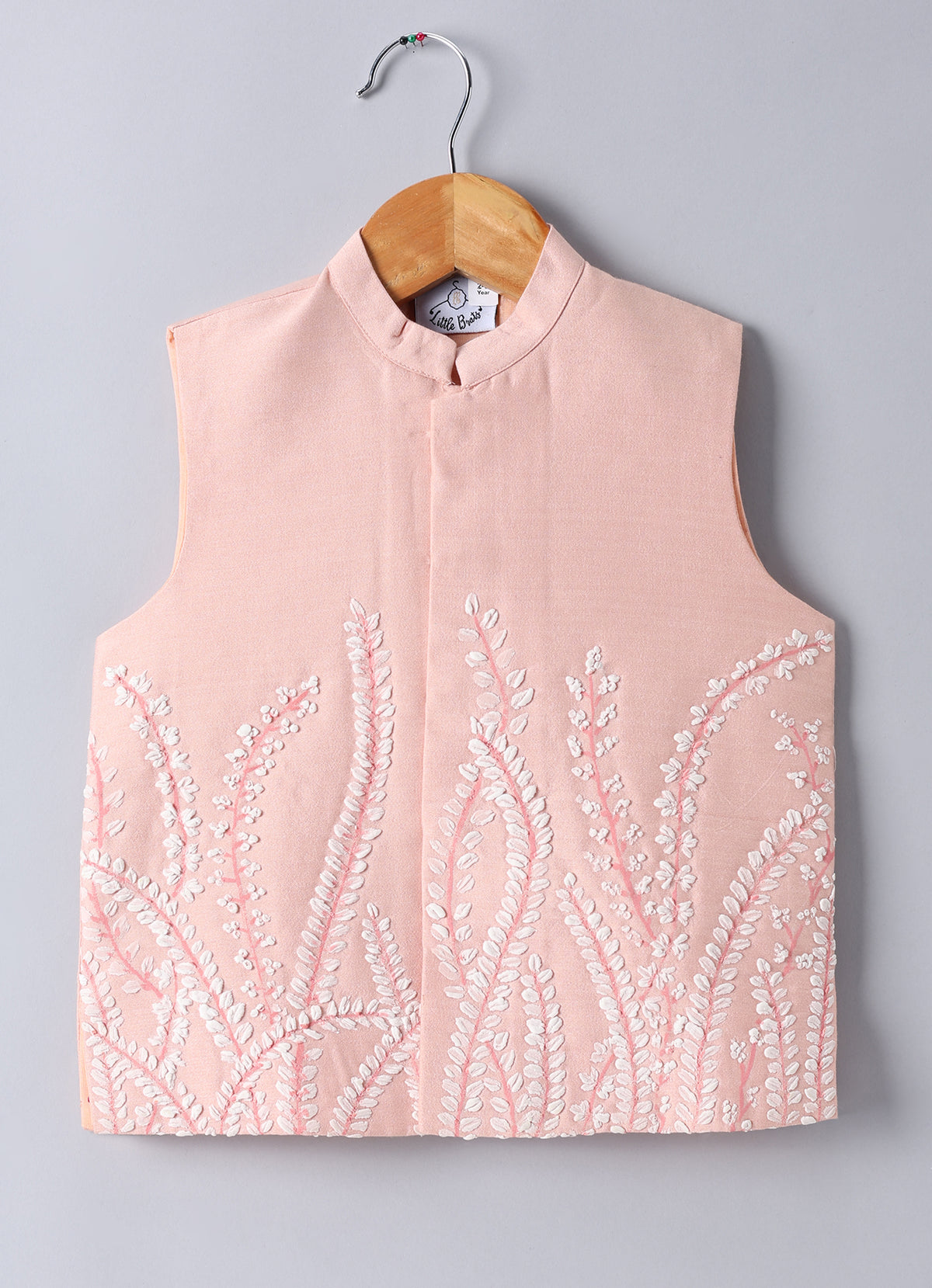 PEACH KURTA WITH LEAFS HAND PAINTED EMBROIDERY BUNDI JACKET WITH PAJAMA SET