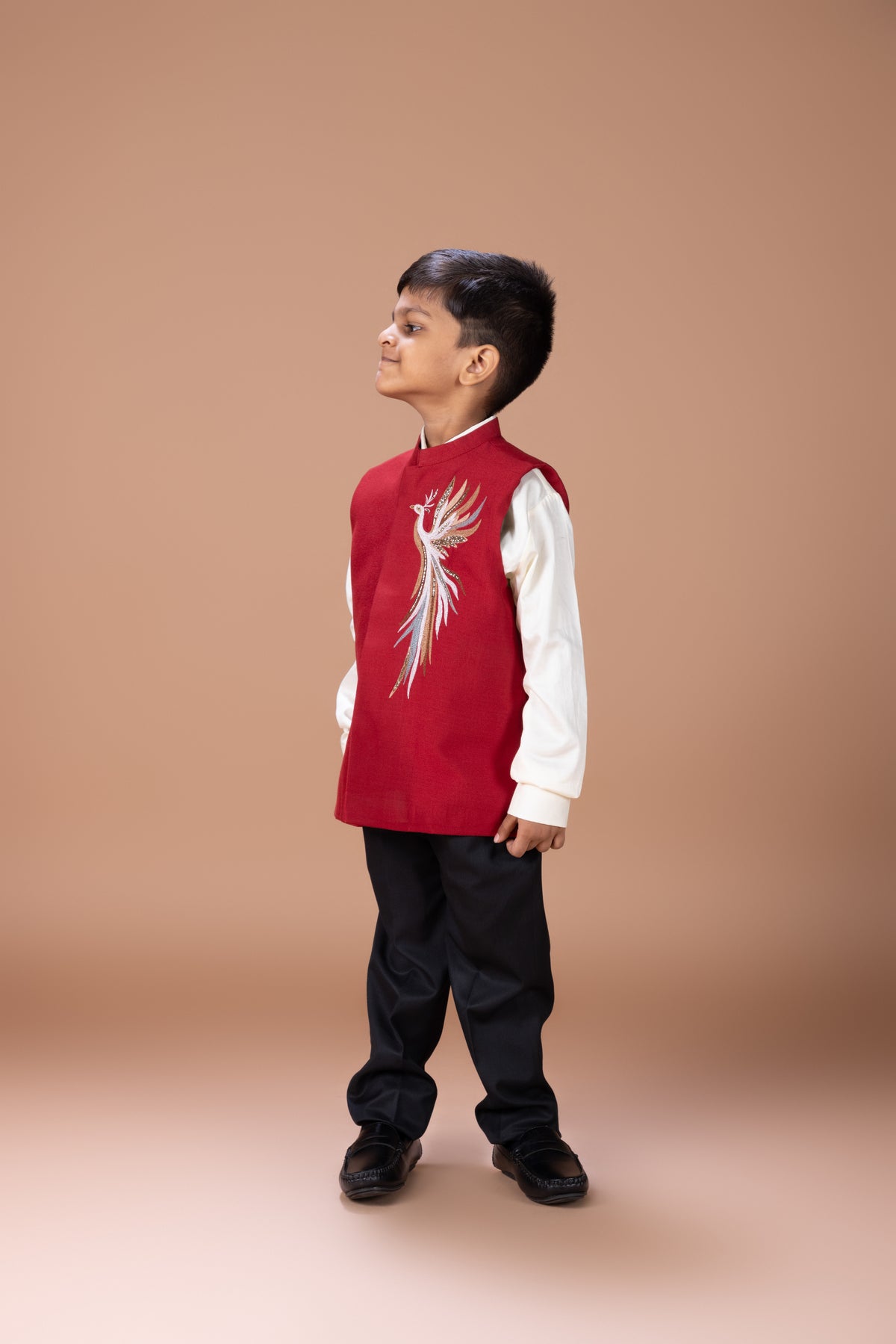 WHITE SHIRT WITH PHOENIX MULTICOLOUR EMBROIDERY BUNDI NEHRU JACKET WITH PANT SET