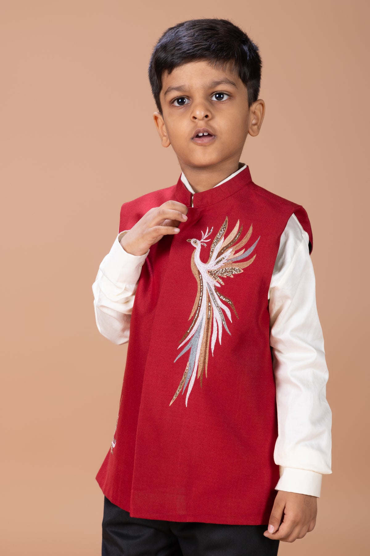 WHITE SHIRT WITH PHOENIX MULTICOLOUR EMBROIDERY BUNDI NEHRU JACKET WITH PANT SET