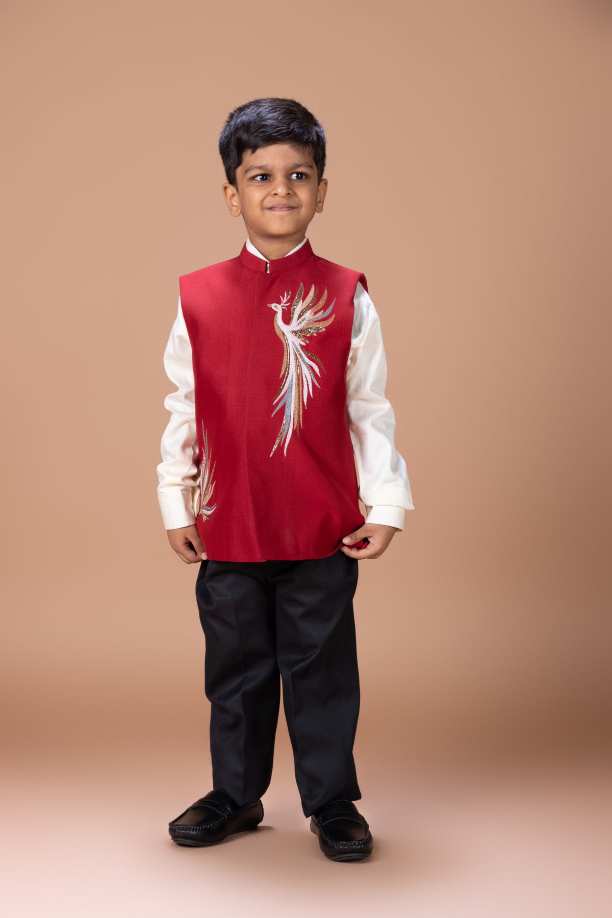 WHITE SHIRT WITH PHOENIX MULTICOLOUR EMBROIDERY BUNDI NEHRU JACKET WITH PANT SET