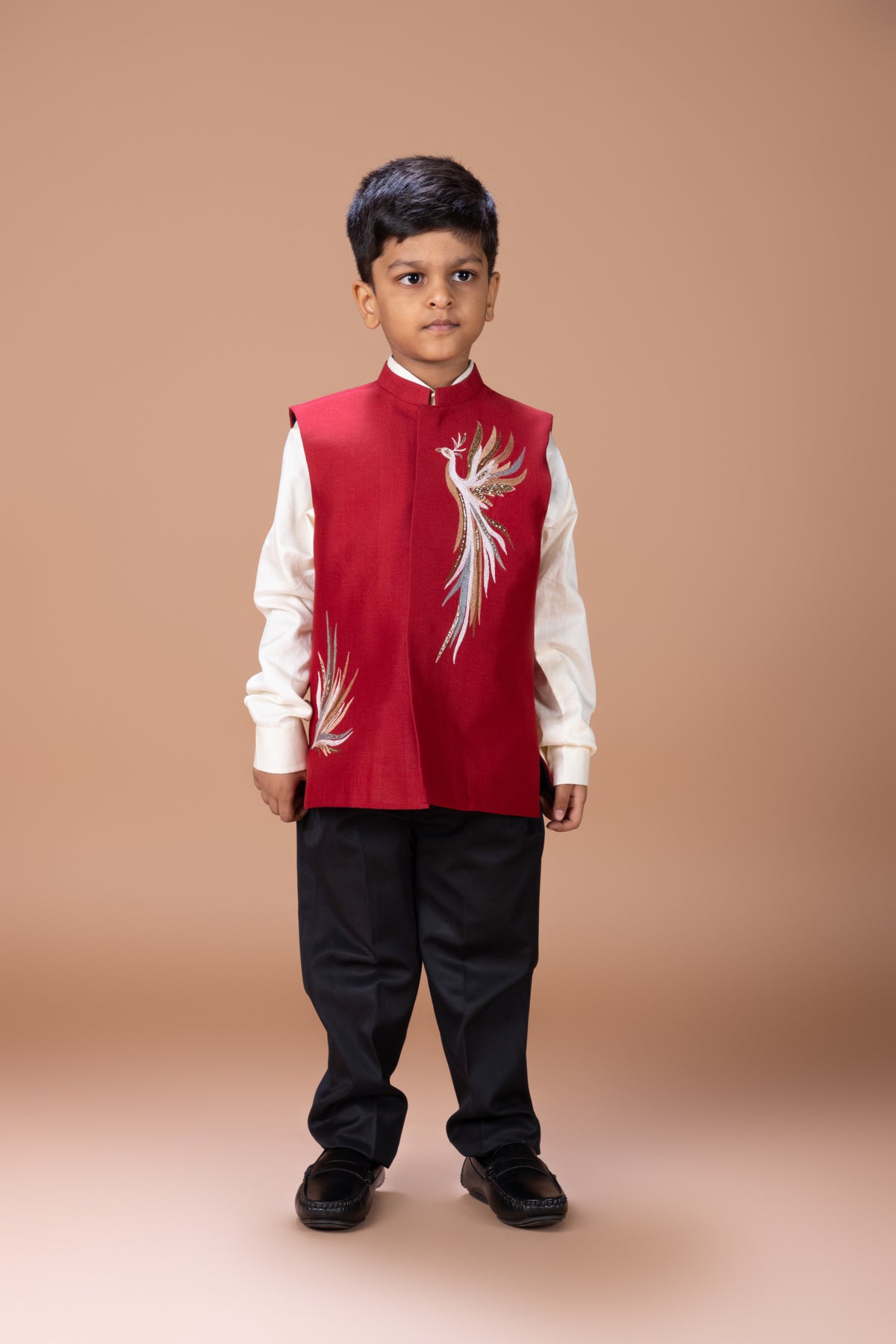 WHITE SHIRT WITH PHOENIX MULTICOLOUR EMBROIDERY BUNDI NEHRU JACKET WITH PANT SET