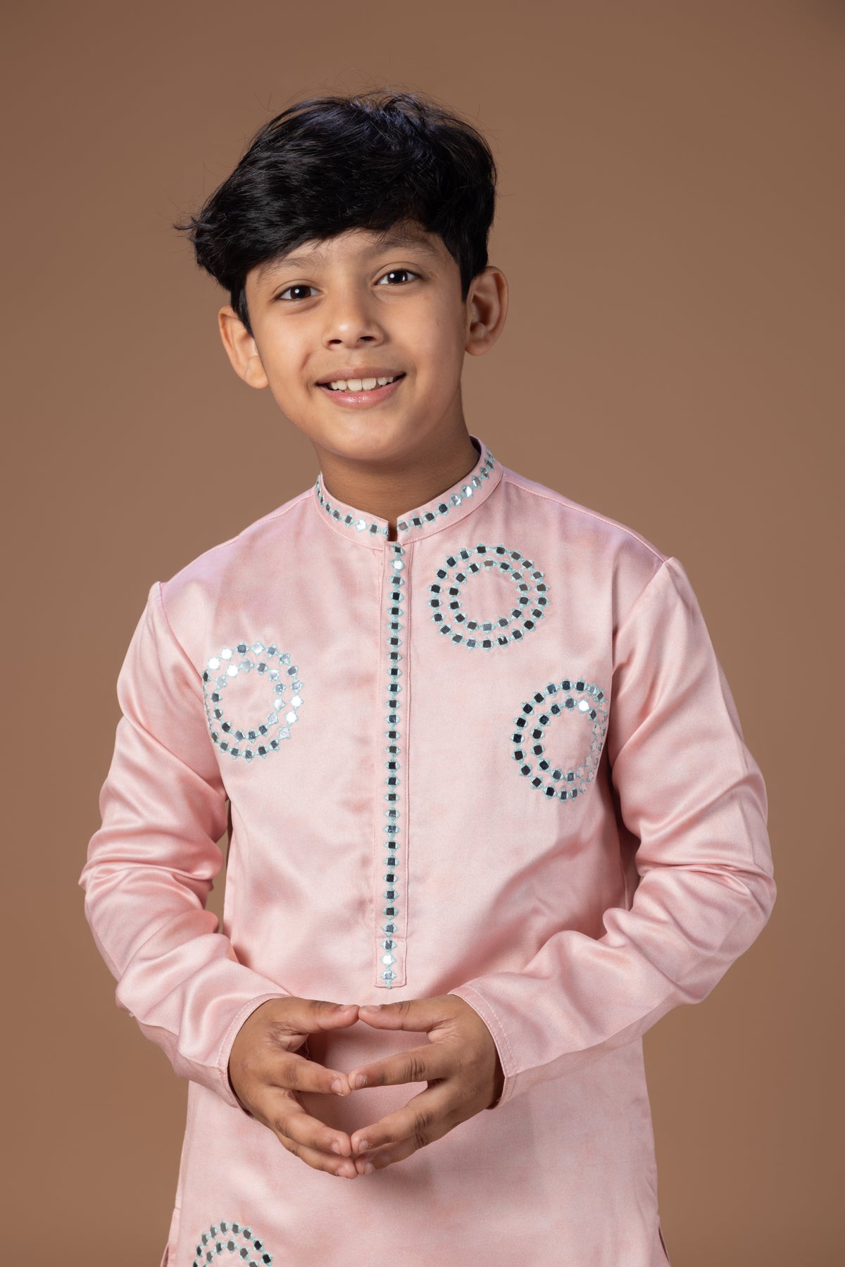 POWDER PINK MIRROR WORK EMBROIDERY KURTA WITH PAJAMA SET