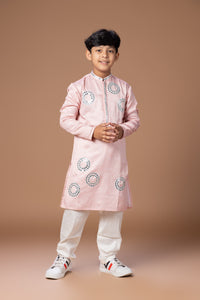 POWDER PINK MIRROR WORK EMBROIDERY KURTA WITH PAJAMA SET
