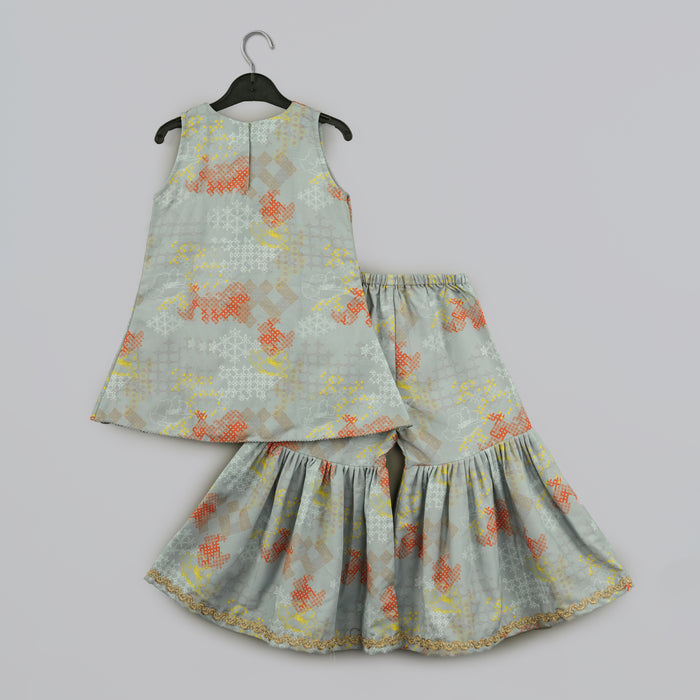 GREY GEOMETRICAL PRINTED HAND EMBROIDERY TOP WITH GEOMETRICAL PRINTED SHARARA SET