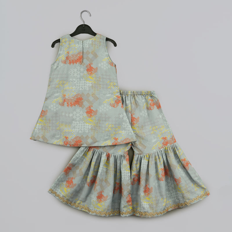 GREY GEOMETRICAL PRINTED HAND EMBROIDERY TOP WITH GEOMETRICAL PRINTED SHARARA SET