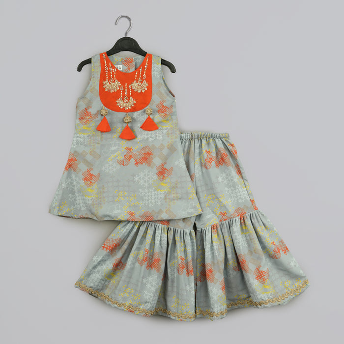 GREY GEOMETRICAL PRINTED HAND EMBROIDERY TOP WITH GEOMETRICAL PRINTED SHARARA SET