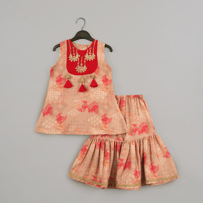 BEIDGE GEOMETRICAL PRINTED HAND EMBROIDERY TOP WITH GEOMETRICAL PRINTED SHARARA SET
