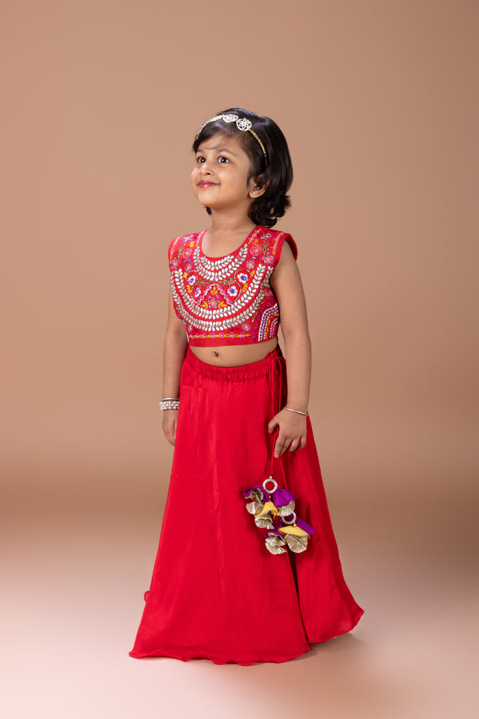 DARK RED HEAVY GOTA AND THREAD EMBROIDERY BLOUSE WITH GHAGARA SET