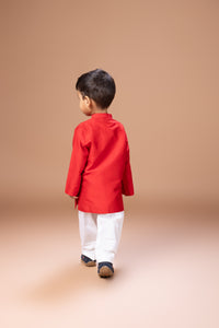 RED PEACOCK AND FLOWER ZARI EMBROIDERY KURTA WITH PAJAMA SETA