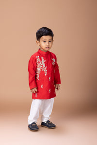 RED PEACOCK AND FLOWER ZARI EMBROIDERY KURTA WITH PAJAMA SETA