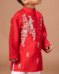RED PEACOCK AND FLOWER ZARI EMBROIDERY KURTA WITH PAJAMA SETA