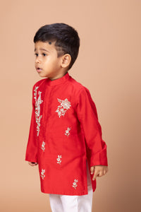 RED PEACOCK AND FLOWER ZARI EMBROIDERY KURTA WITH PAJAMA SETA