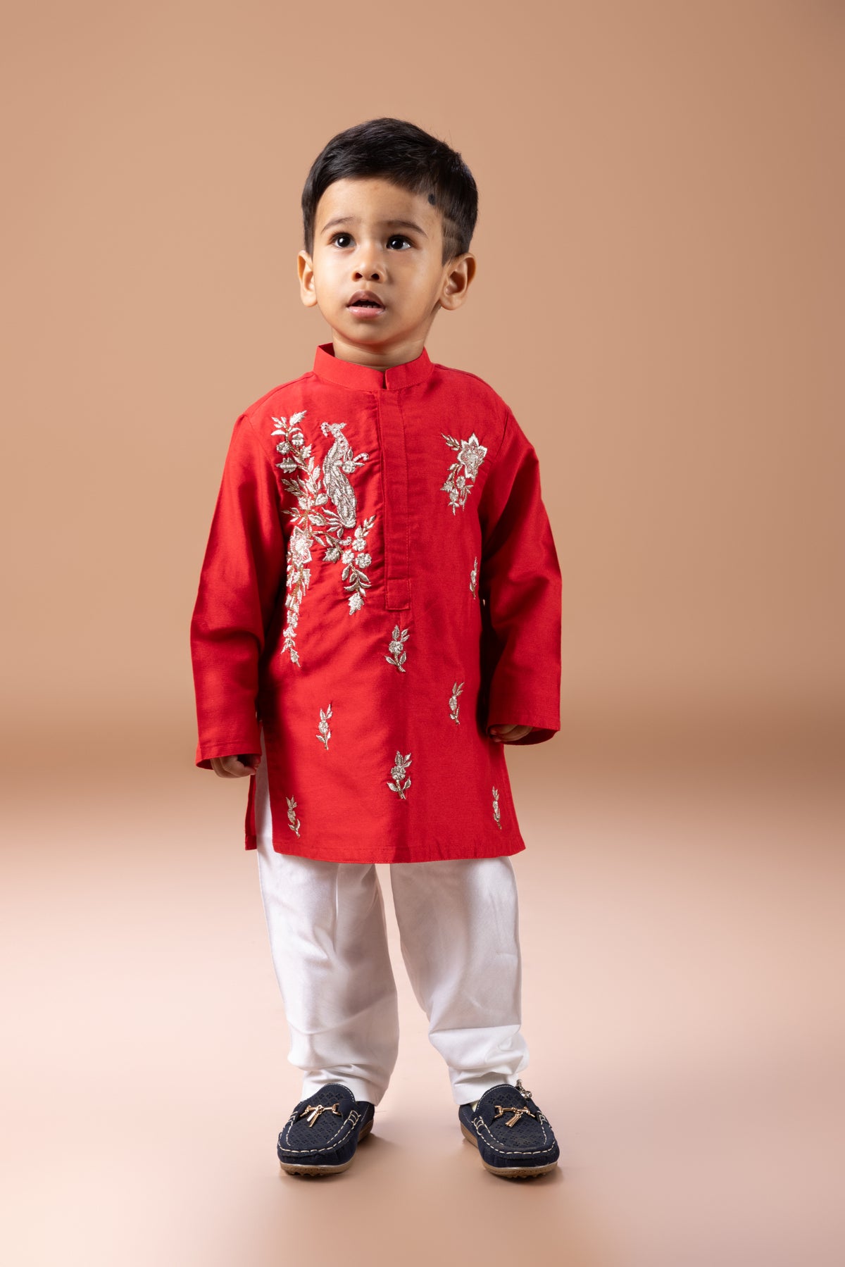 RED PEACOCK AND FLOWER ZARI EMBROIDERY KURTA WITH PAJAMA SETA
