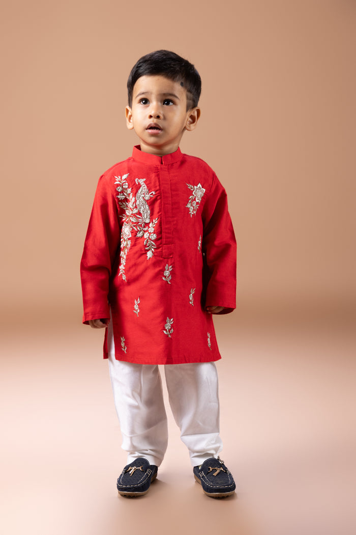 RED PEACOCK AND FLOWER ZARI EMBROIDERY KURTA WITH PAJAMA SETA