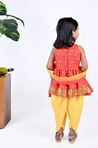 Red Flower Printed Mirrow Work Peplum Top With Dhoti Pant Set