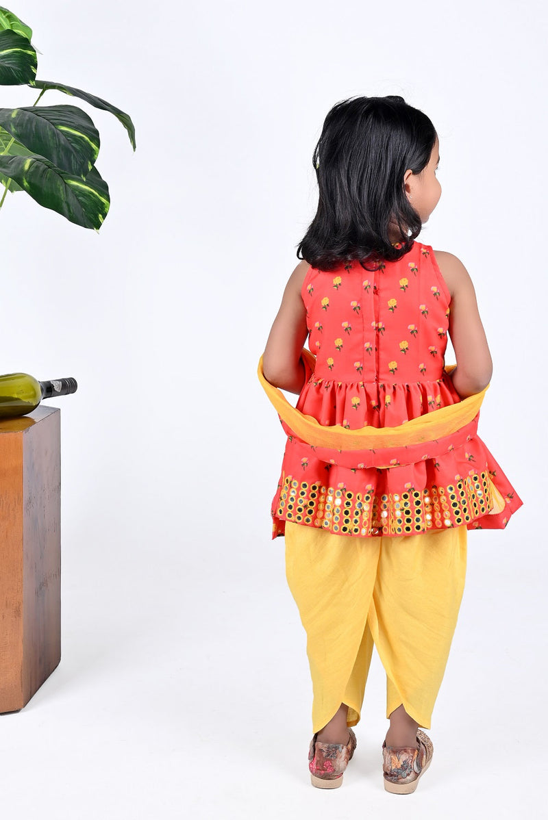 Red Flower Printed Mirrow Work Peplum Top With Dhoti Pant Set